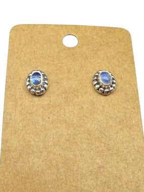 Rainbow Moonstone Stud Earrings Solid 925 Sterling Silver Dainty Oval Stone